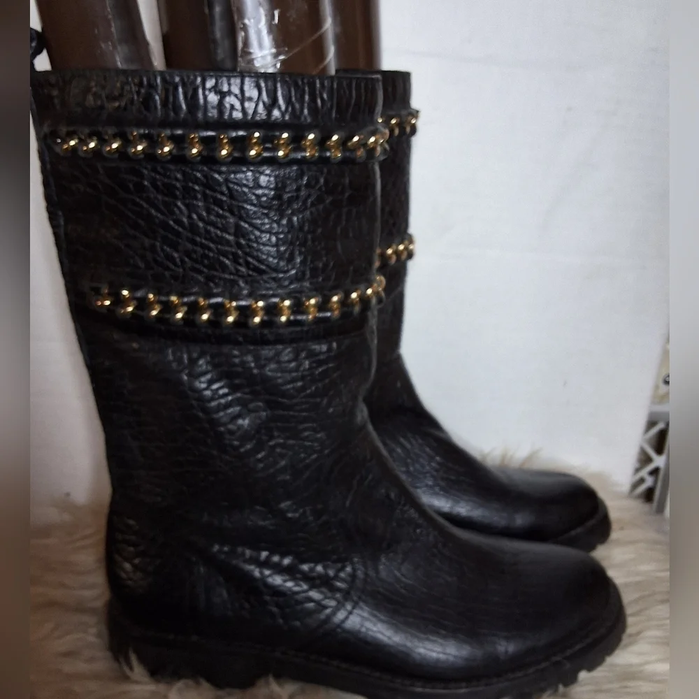Tory Burch Cornell Biker Black Leather Chain Boorts 10